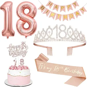 18th Birthday Decorations Set, Including 18th Tiara and Sash, Happy Birthday Banner, Cake Toppers, Number Candles and Balloons, Rose Gold