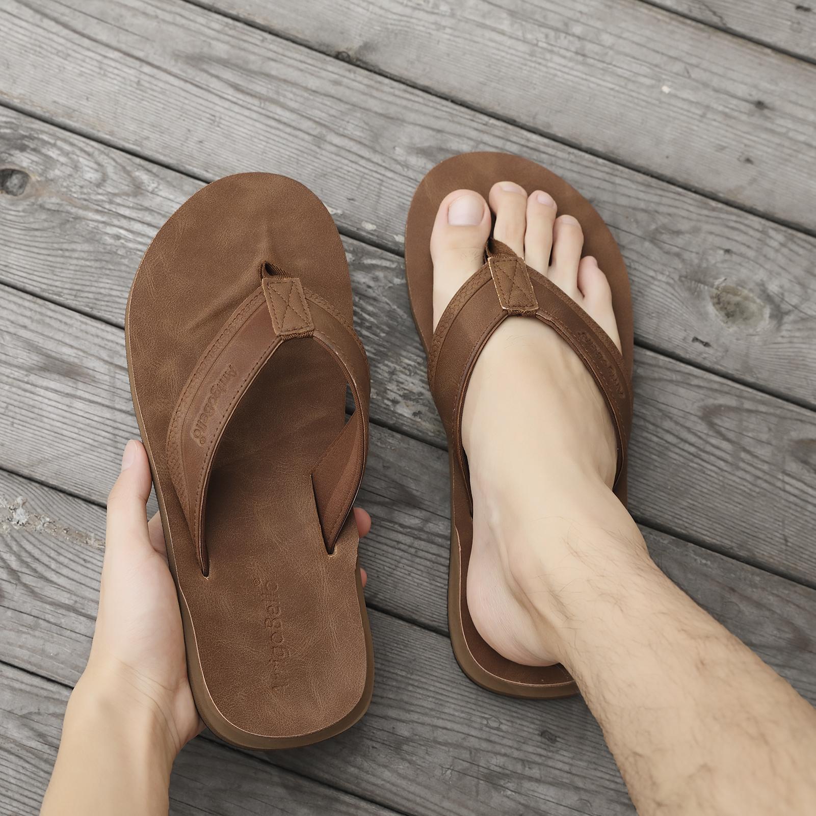 Men\'s Coffee Brown Flip Flops With Arch Support Summer Outdoor Beach Sandals ARRIGOBELLO Mens Arch Support Leather Flip Flops Non-Slip  main image 2