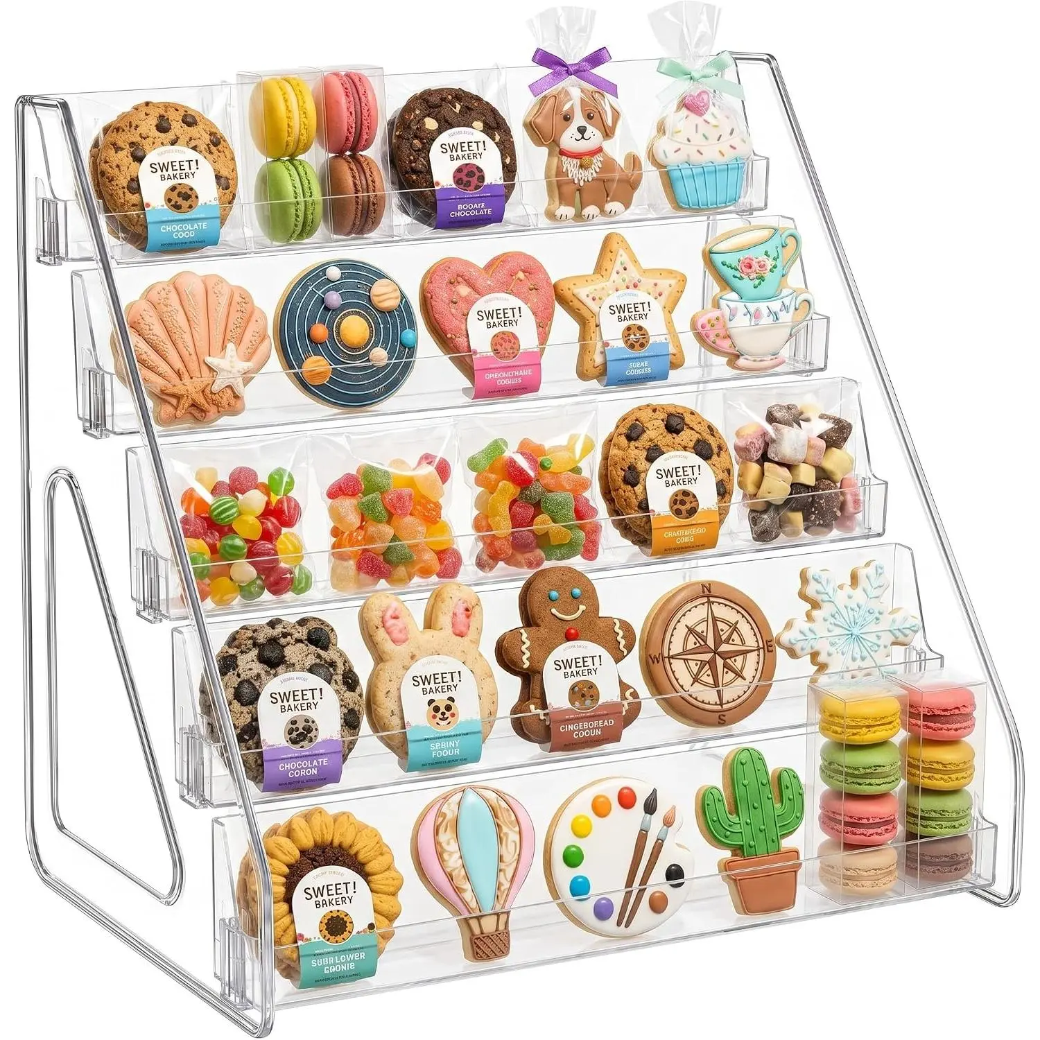 5-Tier Clear  Cookie Display Stand, Rectangular Shelves, Clear Tiered Dessert Stand for Bakers Vendors, Professional Display Riser for Cookies, Cupcakes, Muffins & Pastries