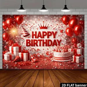 Luxury Red & Gold Birthday Backdrop Banner | 2D Flat Banner Single-Sided Polyester with Metal Grommets | Festive Party Decoration