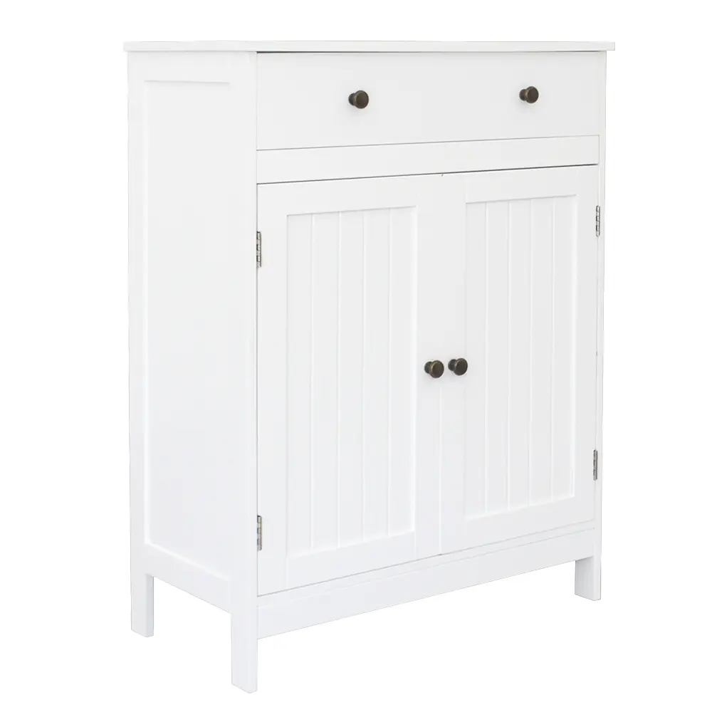White Tall Rectangle Accent Cabinet - MDF Freestanding Slim Profile Storage Cupboard with 1 Drawer + 2 Shutter Doors, for Bathroom, Entryway