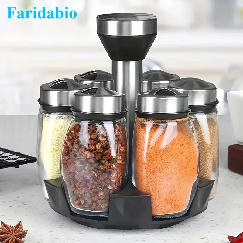 1 set of 6-piece household kitchen storage rotating combination seasoning jar set glass seasoning bottle sorting monosodium glutamate six in one seasoning jar