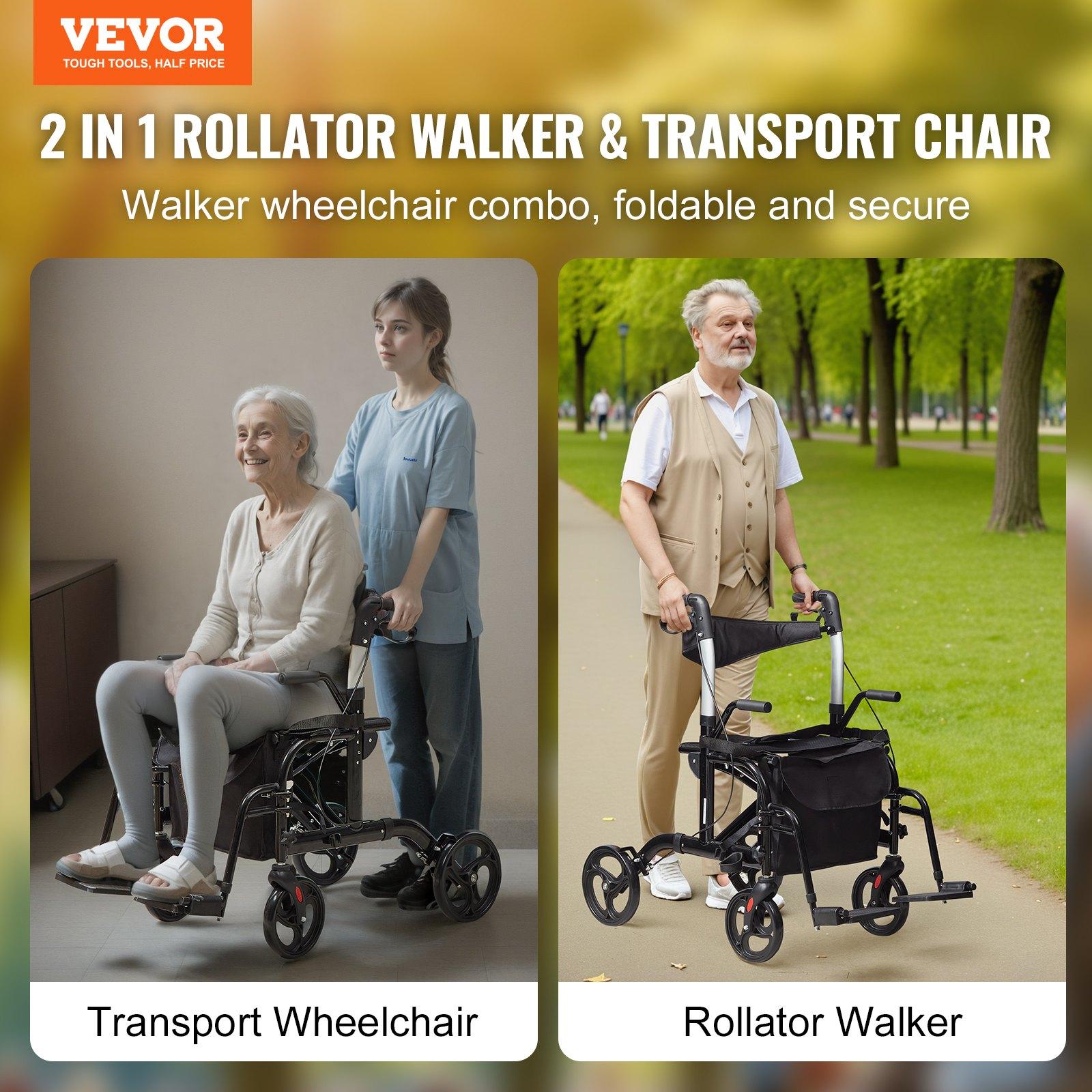 VEVOR 2 in 1 Rollator Walker & Transport Chair for Seniors, Folding Rolling Walker Wheelchair Combo & Footrests, Lightweight Aluminum Mobility Walker with Adjustable Handle, All Terrain Wheels, 300LBS