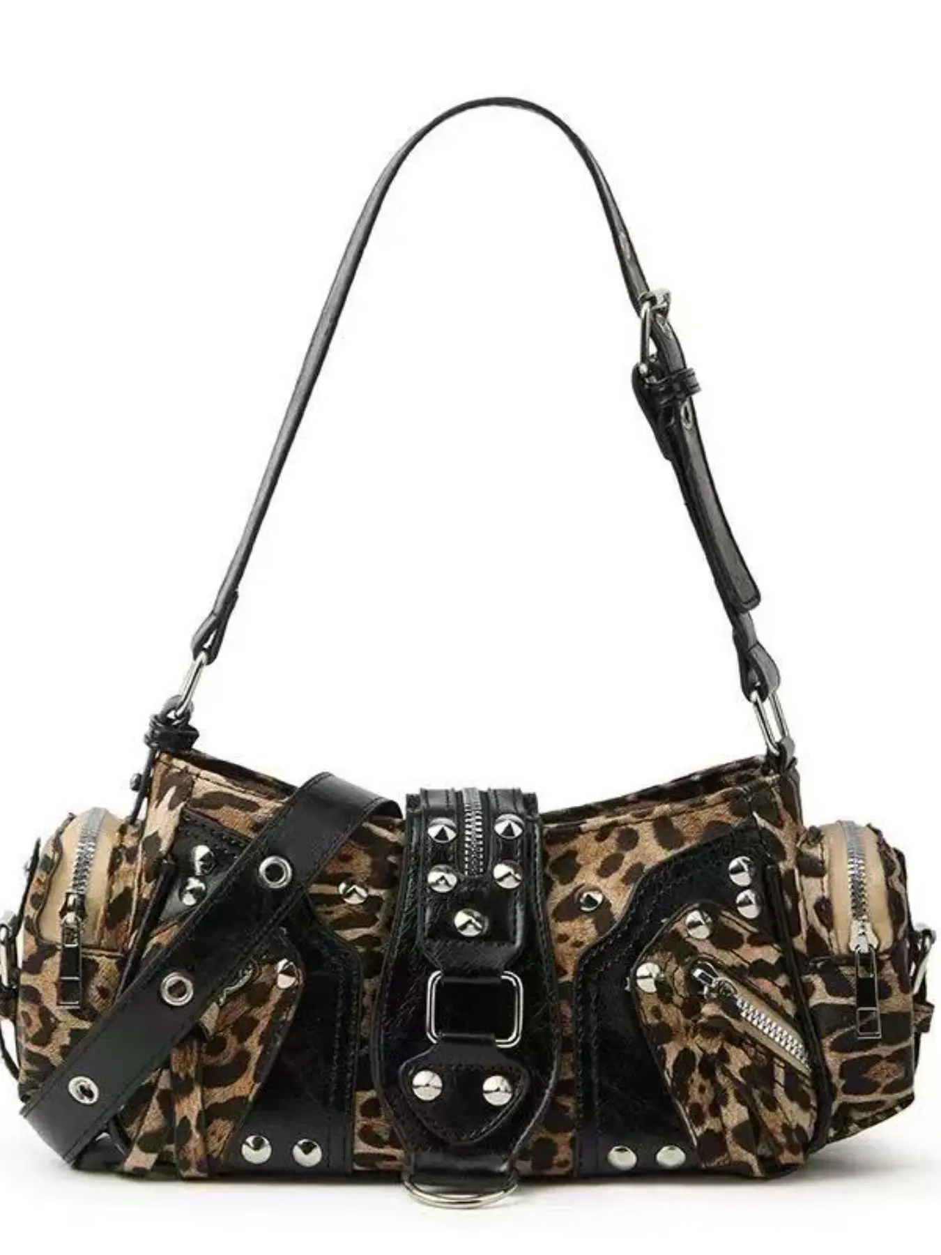 Vintage Punk Cow Print Patchwork Rivet Motorcycle Bag, Small Multi-Pocket Adjustable Shoulder Strap Crossbody Bag, Stylish and Functional