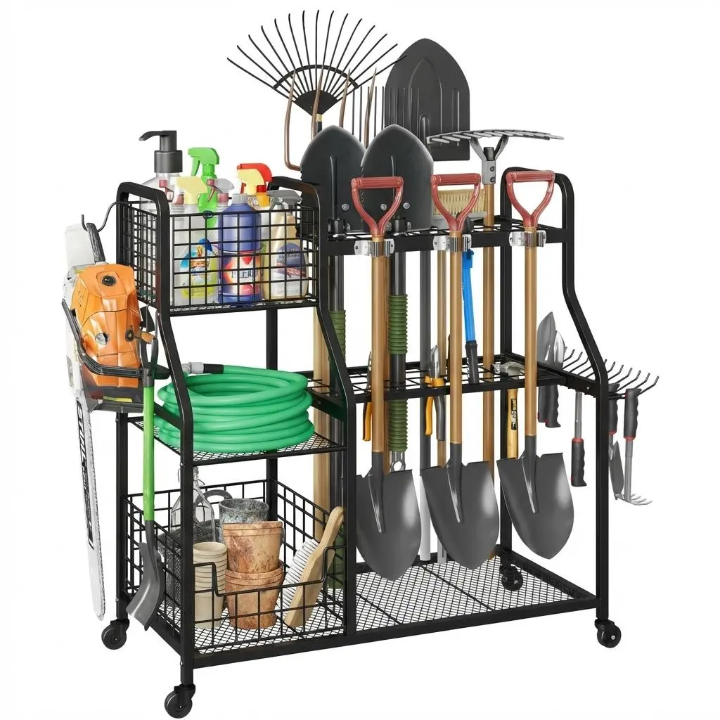 Garden Tool Organizer With Wheels, Rolling Metal Yard Storage Rack, Freestanding Garden Tool Stand with Basket for Yard Shed