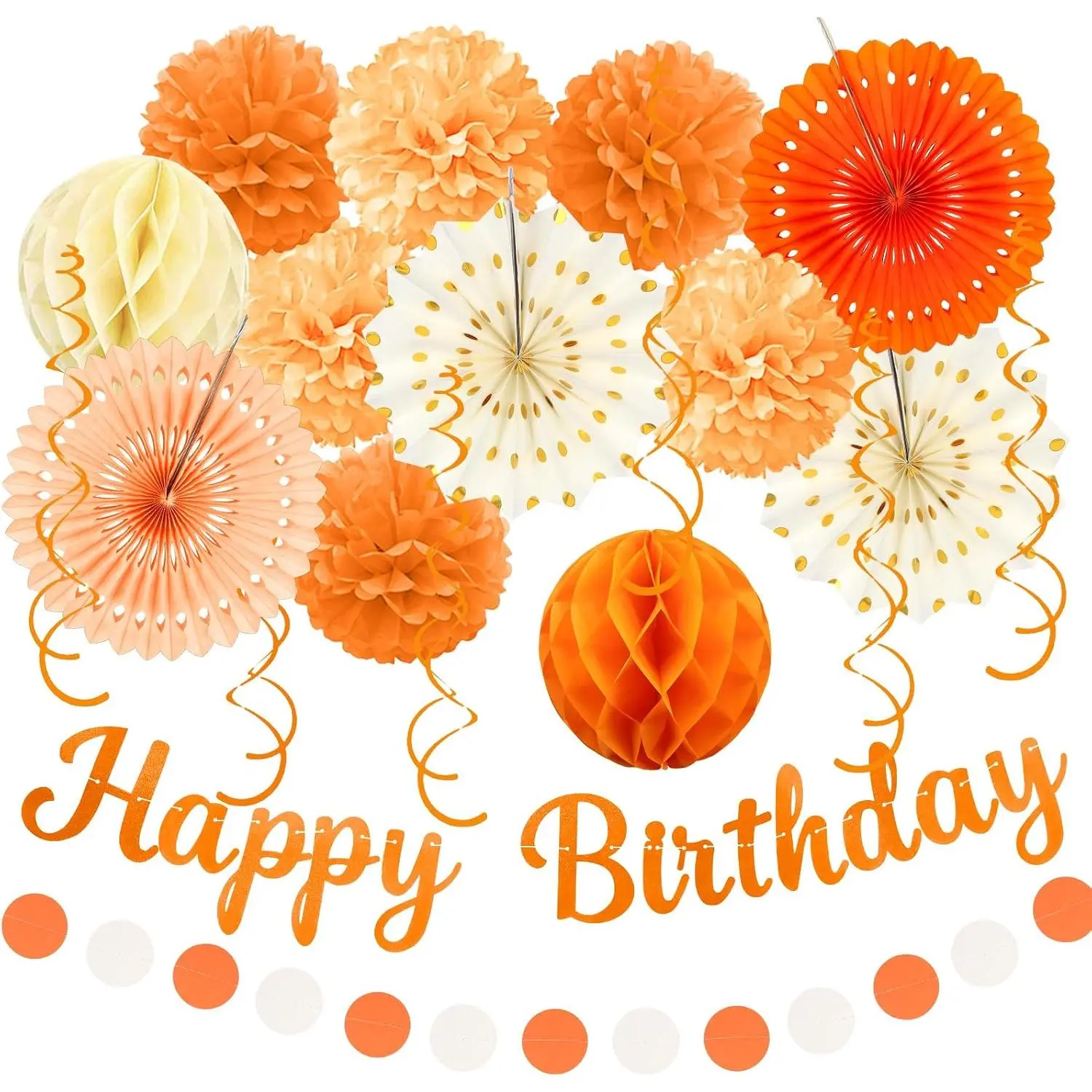 Birthday Decorations, Orange Beige Fal Boho Party Decorations for Women Girls - 20pcs Happy Birthday Banner, Paper Pompoms Fan, Streamers, Lanterns for Autumn Party Backdrop Decor