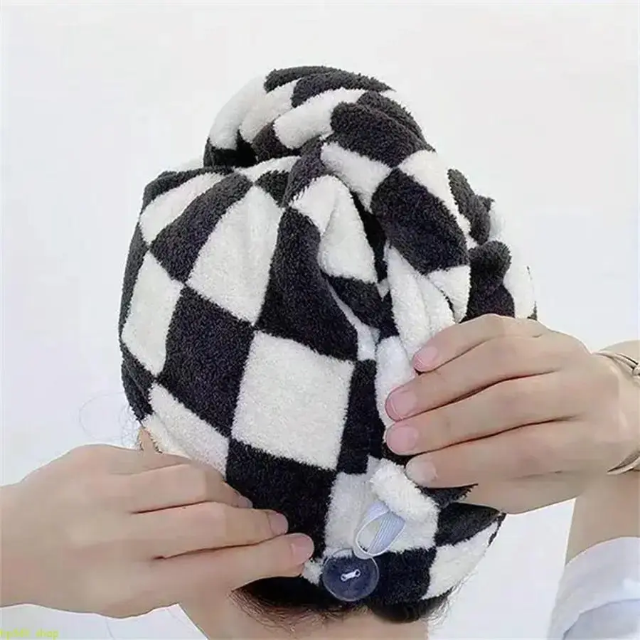 Checkerboard Pattern Thickened Hair Drying Cap For Women, Super Absorbent Quick Drying Shower Hair Towel Wrap, Soft Water-locking Bathroom Accessory, Reusable Daily Household Hair Care Towel For Post-shower Use homedecor