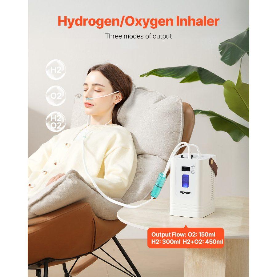 VEVOR Hydrogen Inhalation Machine, 99.99 High Purity Hydrogen Inhaler, HO-Separated 450ml/min (300 H+150 O) Three Ports Hydrogen Oxygen Inhaler, Hydrogen-Rich Water Generator for Home Travel