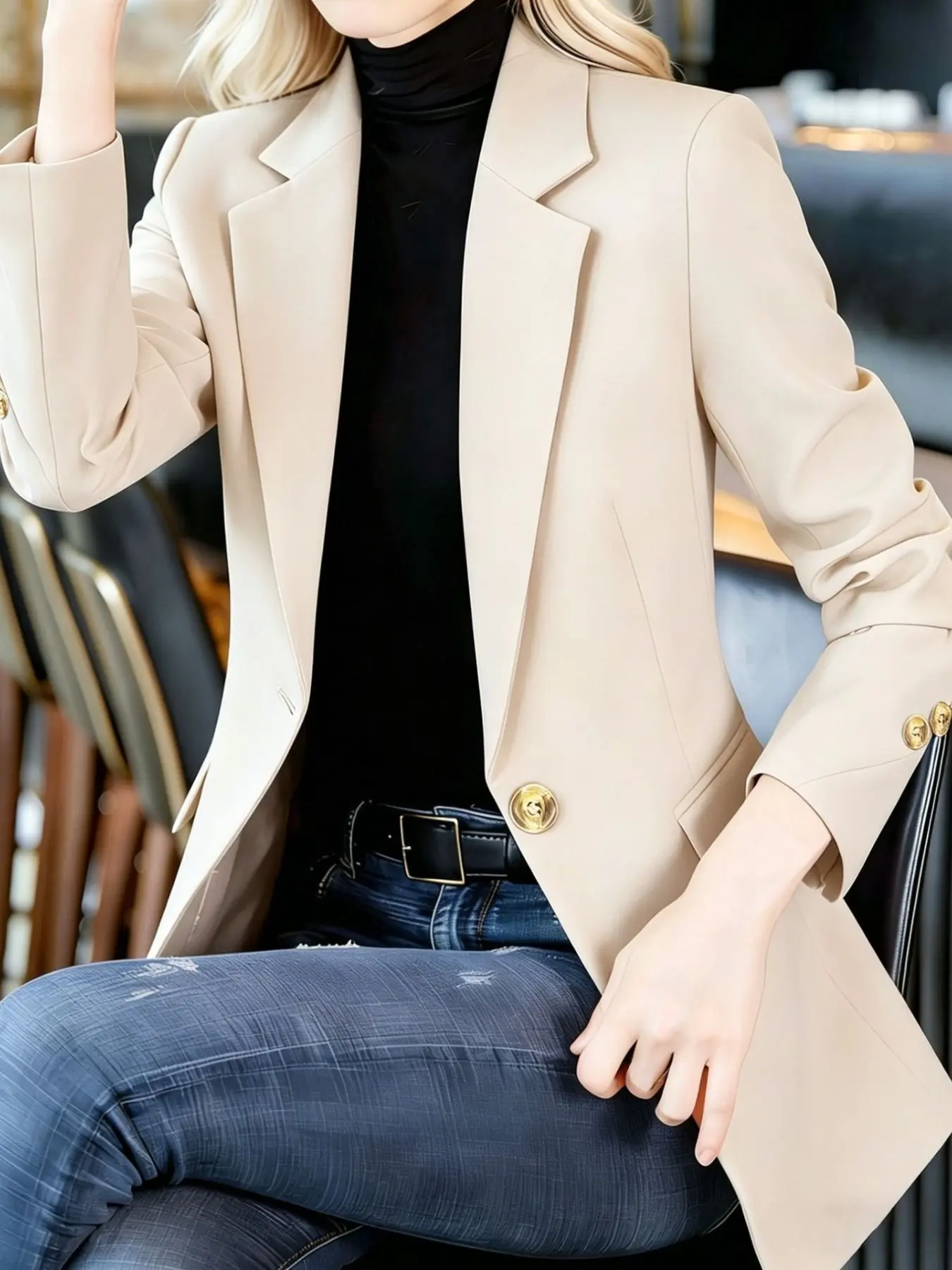 Women's Single Button Blazer, Long Sleeve Notch Lapel, Cuff Detail Buttons, Patch Pockets, Relaxed Loose Fit, Casual Daily Vintage