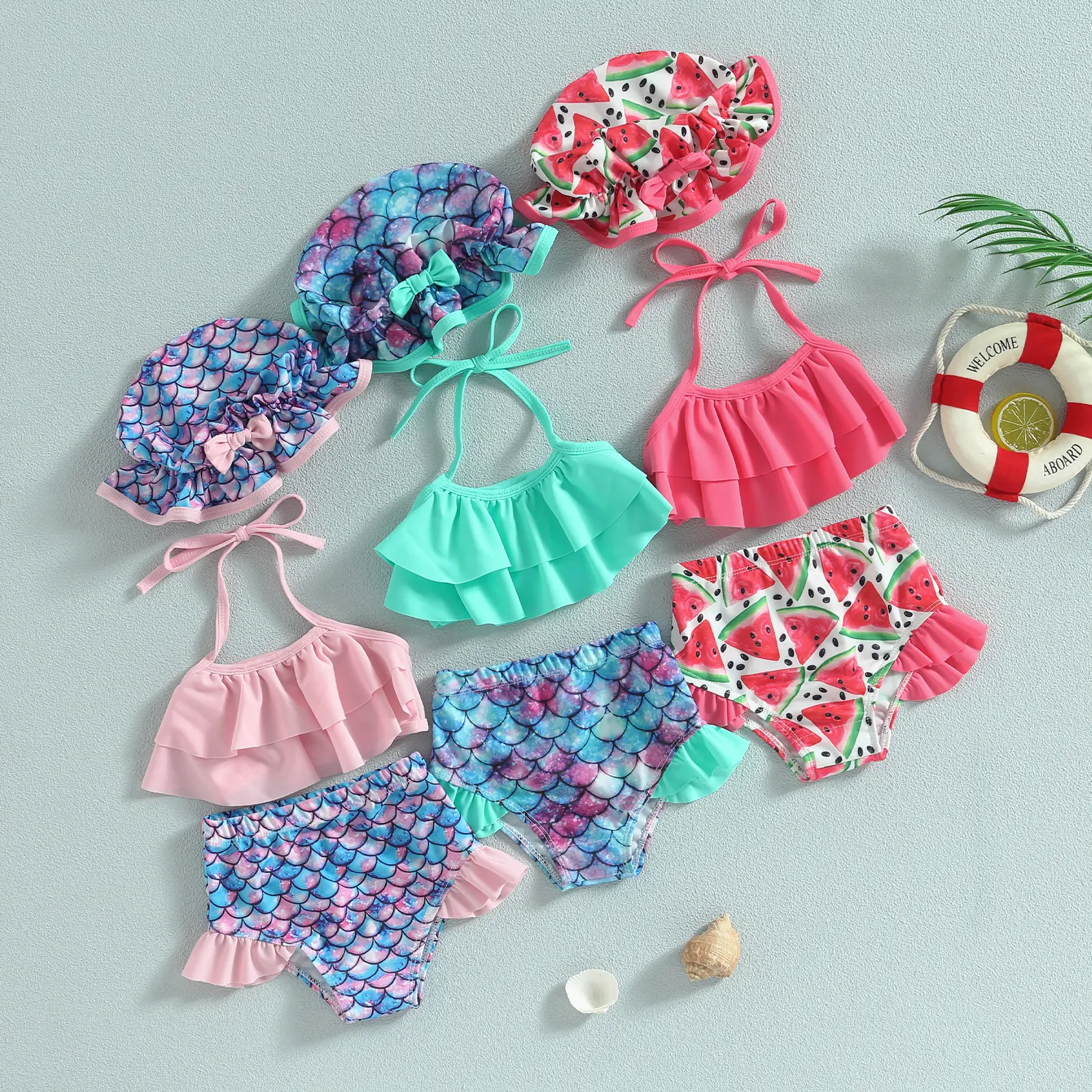 Kid Girl Bikini Swimsuit, Sleeveless Hanging Neck Vest Beach Pool Shorts Swimwear with Hat