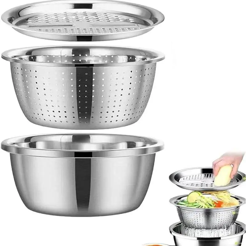 3-In-1 Stainless Steel Multi-Functional Strainer Set, Strainers and Colanders, Includes Basin/sieve/cutter, Ideal for Washing Rice Fruits Vegetables Kitchen Essentials