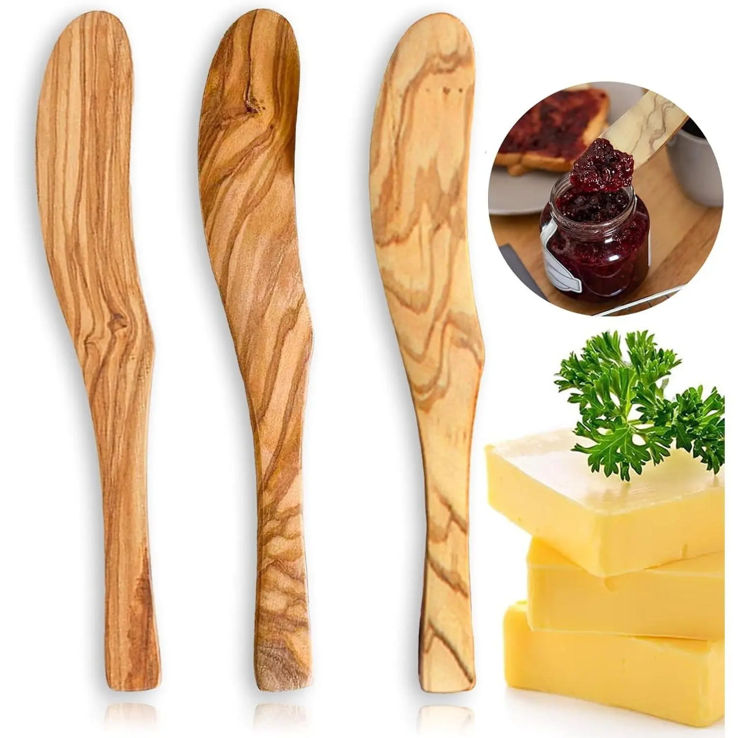 Olive Wood Butter Spreader,6.8 Inch Handmade Butter Knife Set of 3 | Olive wooden spreader for spreading butter, cheese, peanut butter on sandwiches, great for daily breakfast & camping meals.