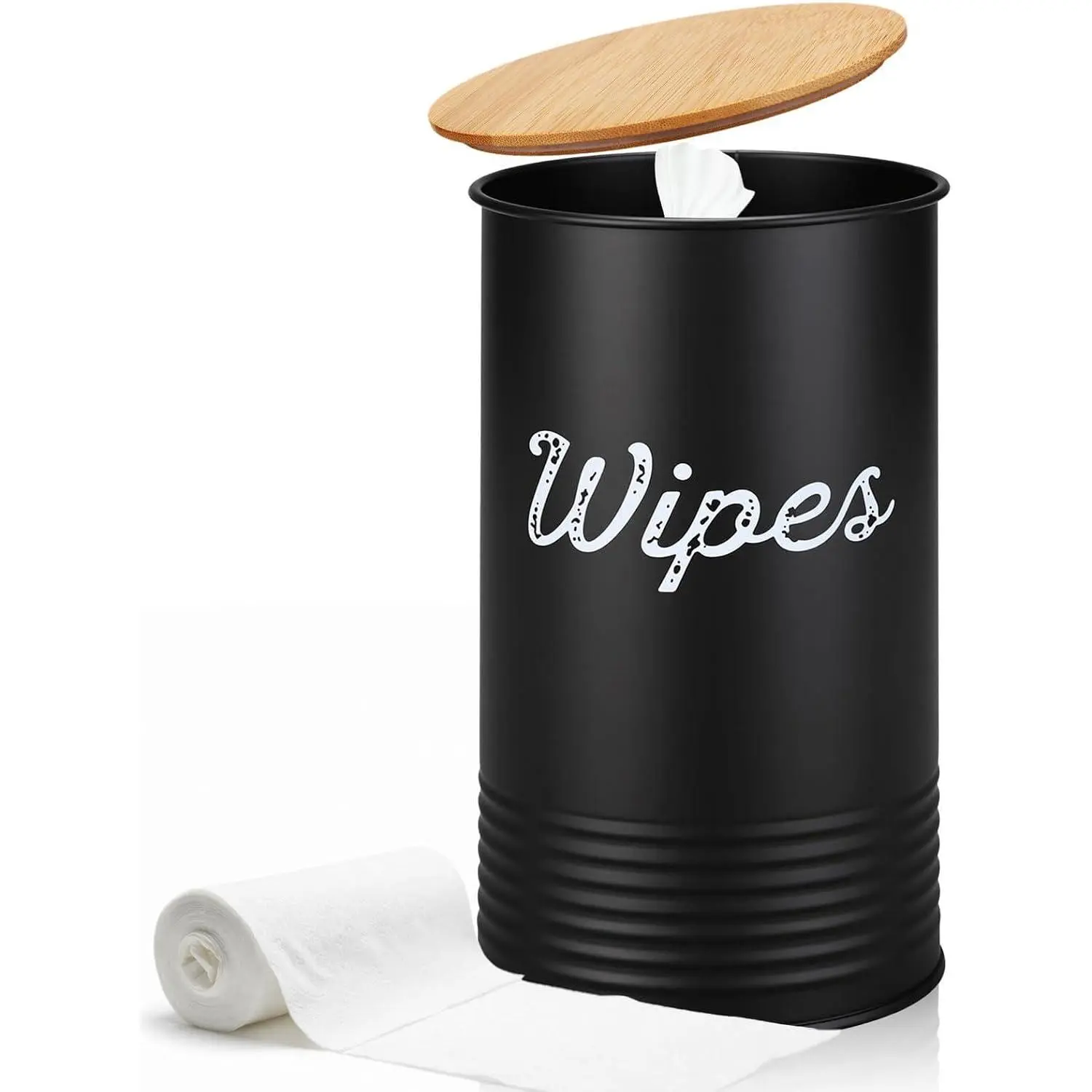 Wipe Holder with Bamboo Lid for Kitchen Disinfectant Wipes Dispenser Farmhouse Countertop Sanitizing Wipe Metal Storage Container Organizer Caddy Bathroom Office up to 80 Cont(Black)