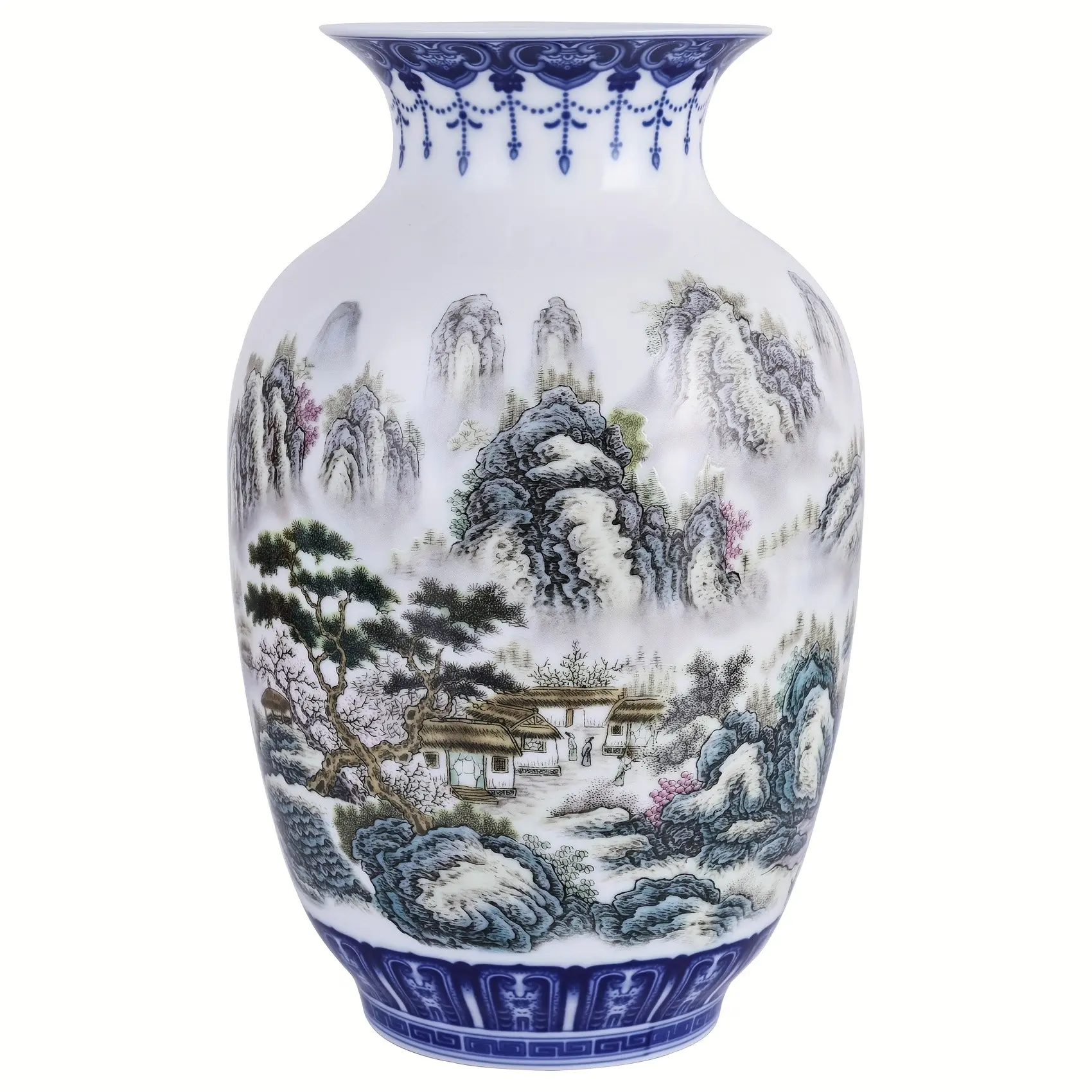 Handmade Chinese Blue & White Porcelain Vase - Vintage Floral Landscape Design, Lightweight Thin-Bodied Bell Shape for Flower Arrangements & Home Decor, Decorative Centerpiece, Intricate Brushwork