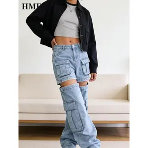 Women's Detachable Couple-Style Jeans, Heavy-Duty Washed Design Stretch Fabric, Convertible from Full-Length Pants to Shorts for Versatile Wear, Stylish Trendy Street-Retro Charm, for All Seasons