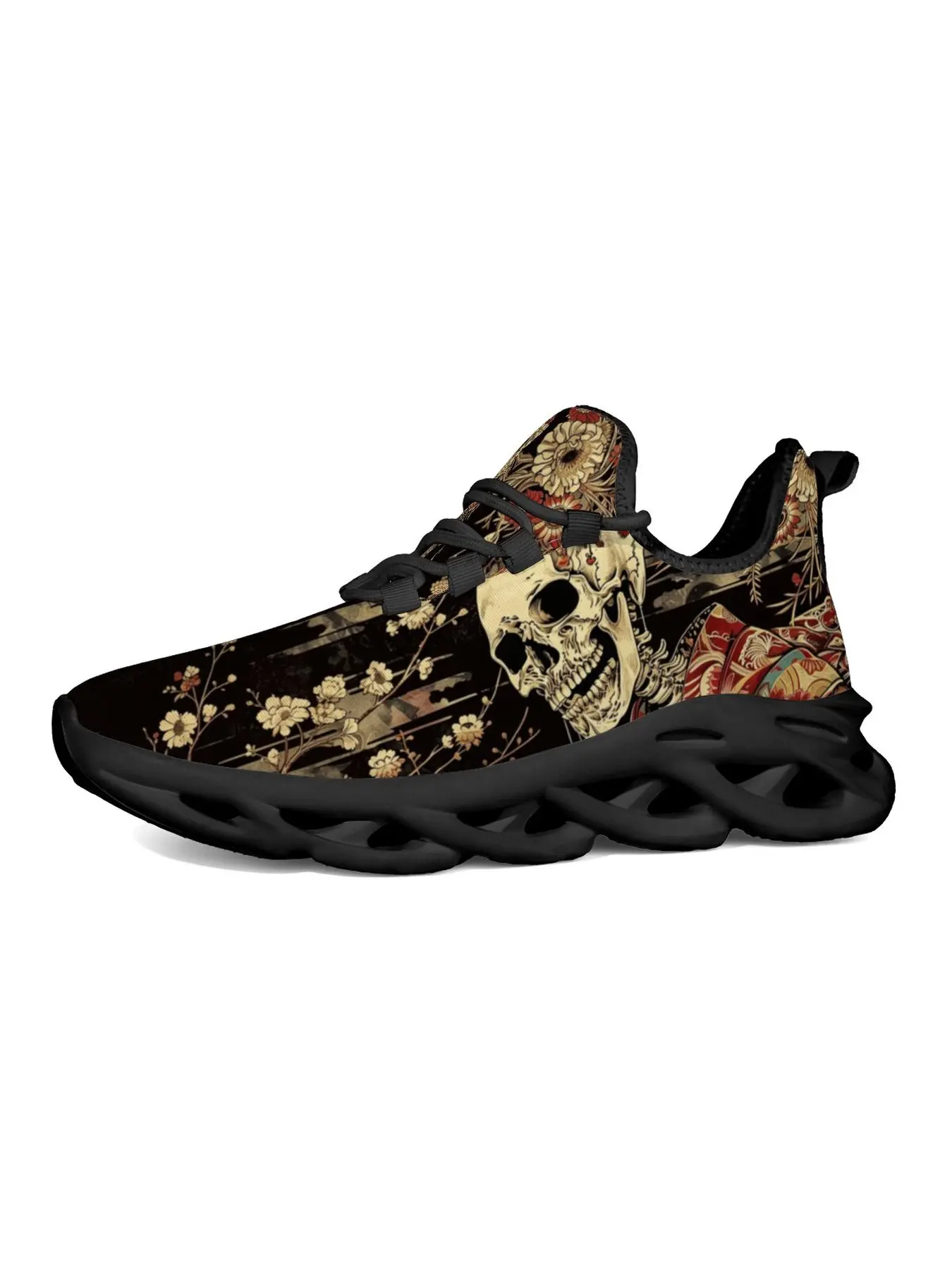 Vintage Oriental Floral Skull Blade Sneakers White Hollow Wave Sole Mesh Running Shoes Retro Ukiyo-E Style Skeleton Chrysanthemum Floral Print Gothic Street Casual Athletic Low Ankle Trainers For Men Women