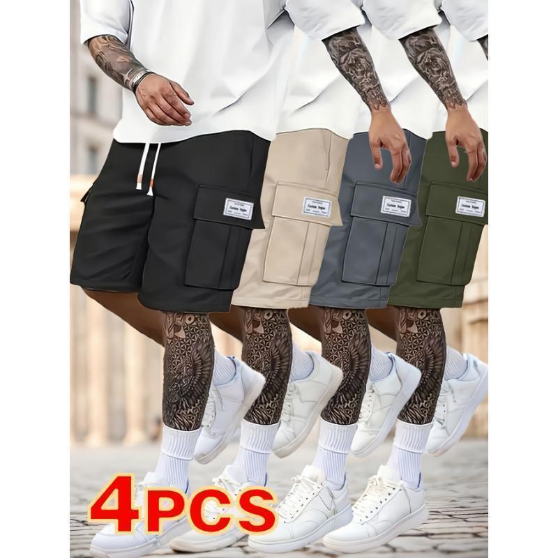 4pcs Men's Casual Cargo Shorts-Loose Fit, Drawstring Waist, Multi-Pocket Design, Polyester Fabric, Solid Colors Black, Beige, Light Blue, Dark Gray for Spring & Summer Breathable Athletic Jockstrap Pack Plus Size Sports Gym Wear Gray Joggers Gift (Sheets)