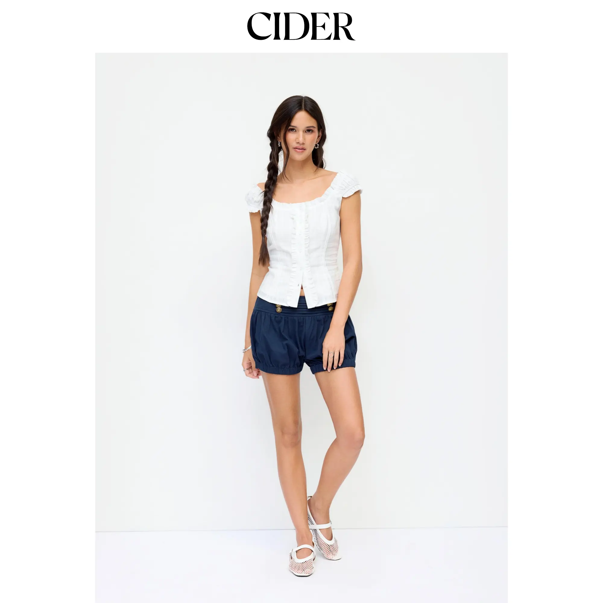 Cider Cotton-blend Square Neck Ruffled Lace-up Corset Blouse