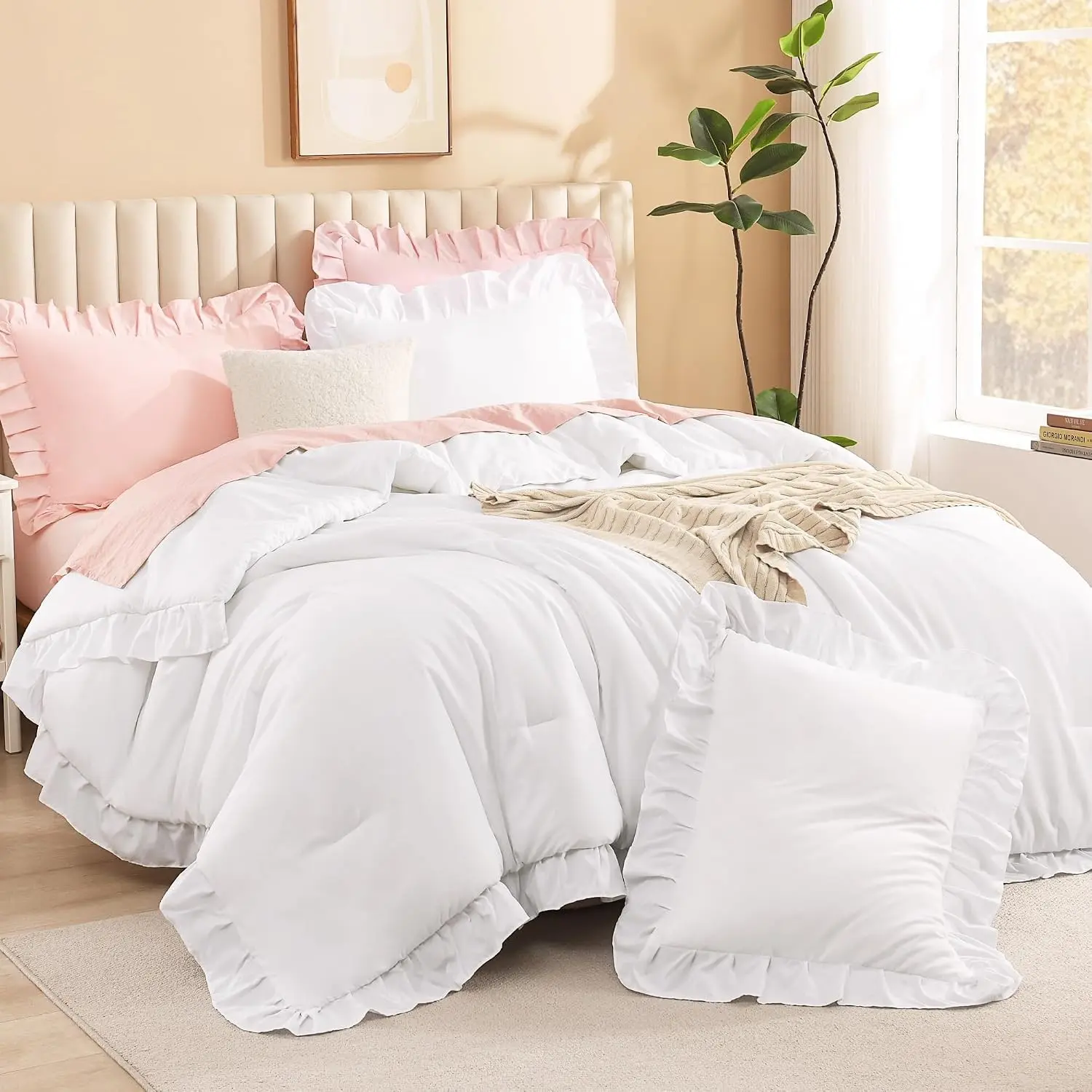 Full Comforter Set, 3 Pieces White Ruffle Bedding Set | Farmhouse Shabby Chic Aesthetic Soft Fluffy Lightweight Breathable Bed Set for Girls Women Room Decor Gift All Season