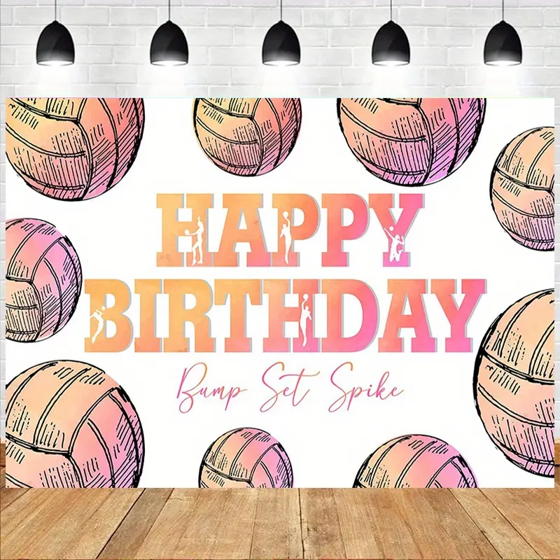 Volleyball-Themed Pink Happy Birthday Backdrop with Banner, Durable Polyester Festive Backdrops & Banners, Universal No-Power Indoor-Outdoor Party Supply for Volleyball Enthusiasts (Confirm Core Features Included)