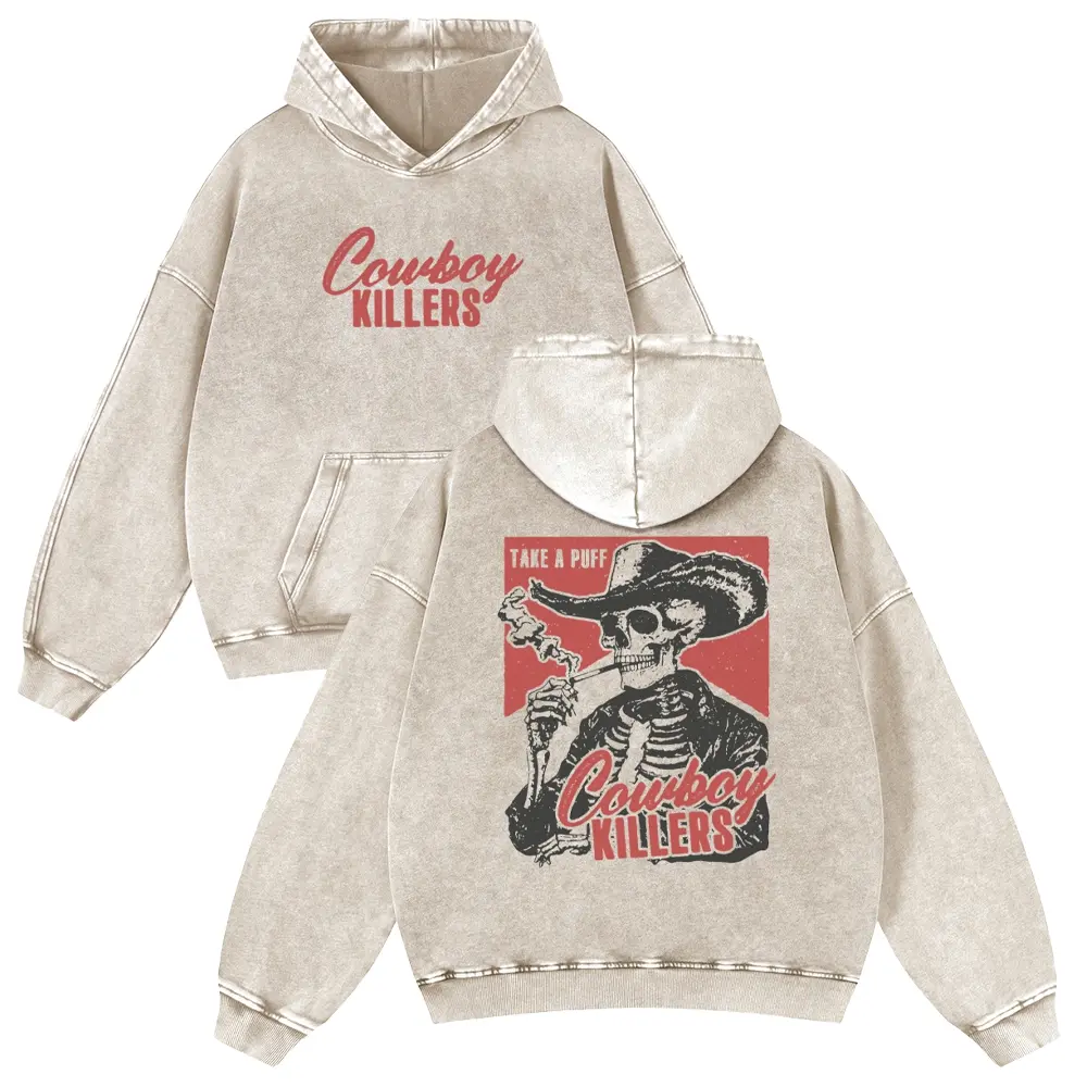 Men's Unisex Retro Cowboy Killers Hoodie Tops - Premium Heavyweight Oatmeal Mineral Wash Cotton Sweatshirt, Smoking Skeleton Western Aesthetic Punk Casual Fit Spring Pull-over