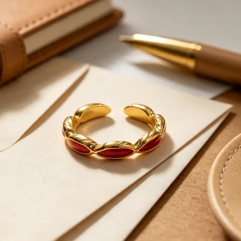 Vintage Twist Gold Red Enamel Open Cuff Ring, Stackable Statement Fashion Ring for Women