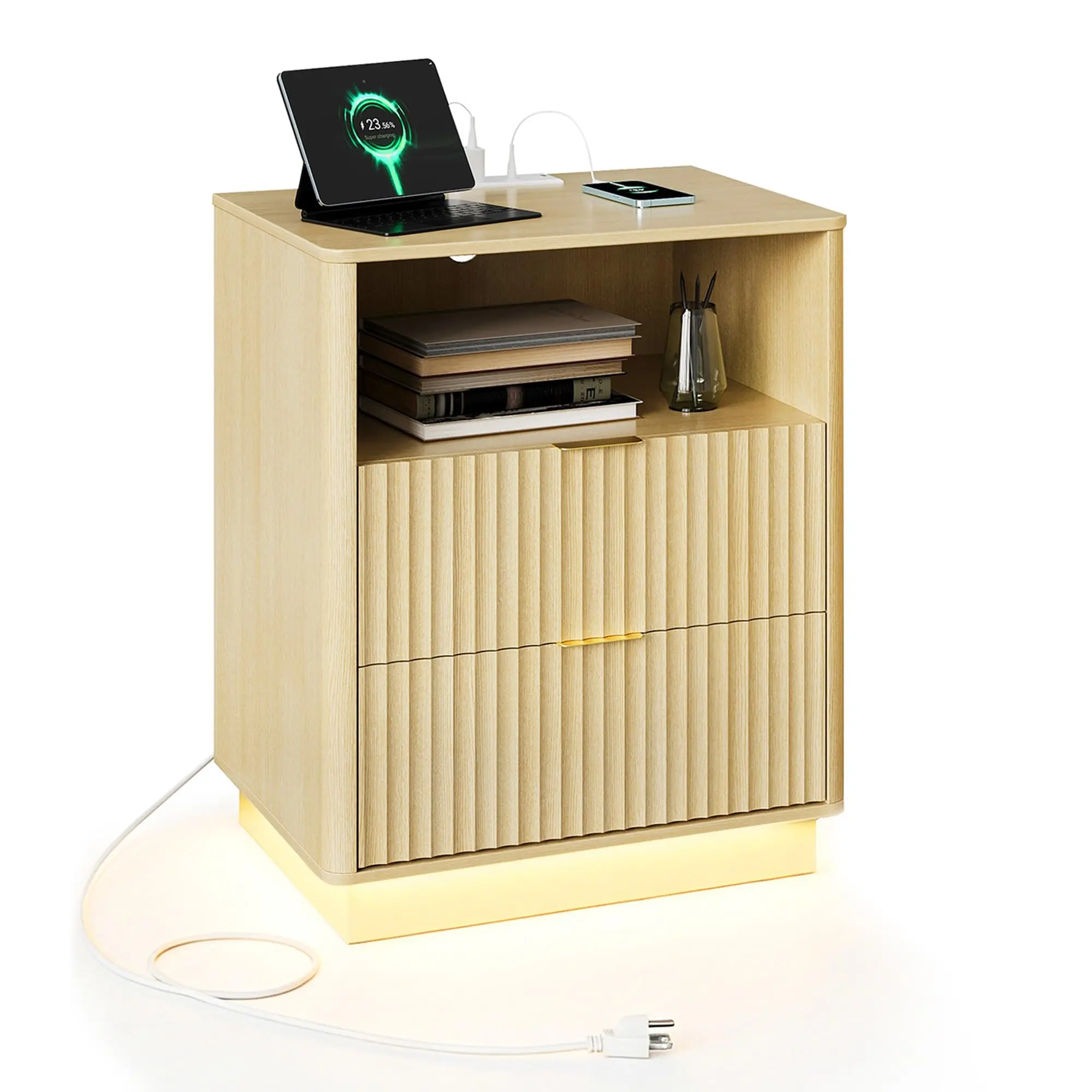 Modern Fluted bedside table with Charging Station & LED Light - 2 Drawer Bedside Table - Curved Mid Century Design - Large Bedroom Storage - White - US Standard