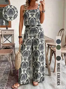 Women's 2-Piece Holiday, Vacation Style Sleeveless Top with Thin Straps, Long Pants with Random Prints, Fashionable Clothing Set