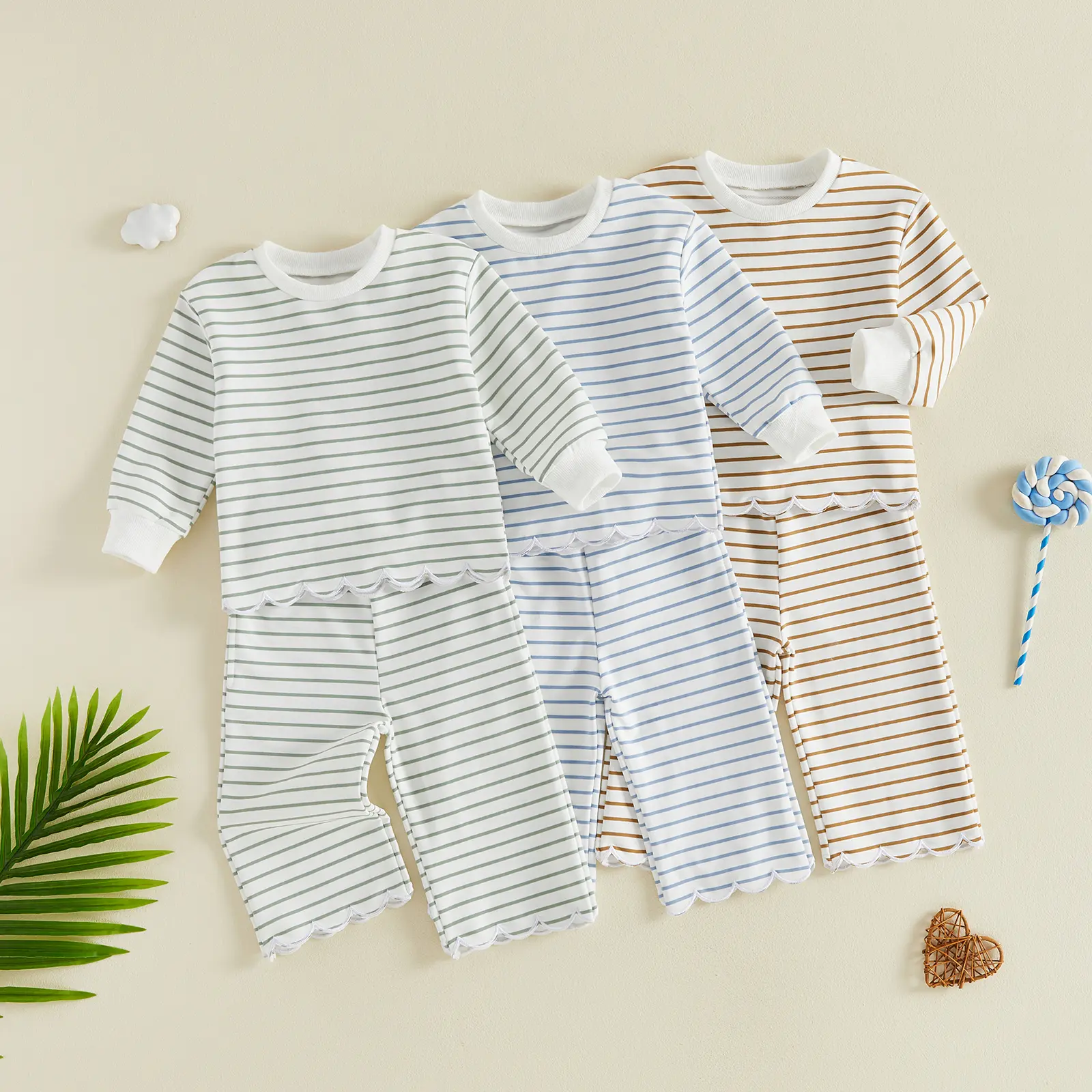 Toddler Baby Little Girl Outfit Long Sleeve Crew Neck Striped Pullover Sweatshirt Tops and Pants Set Fall Winter 0-5 Years