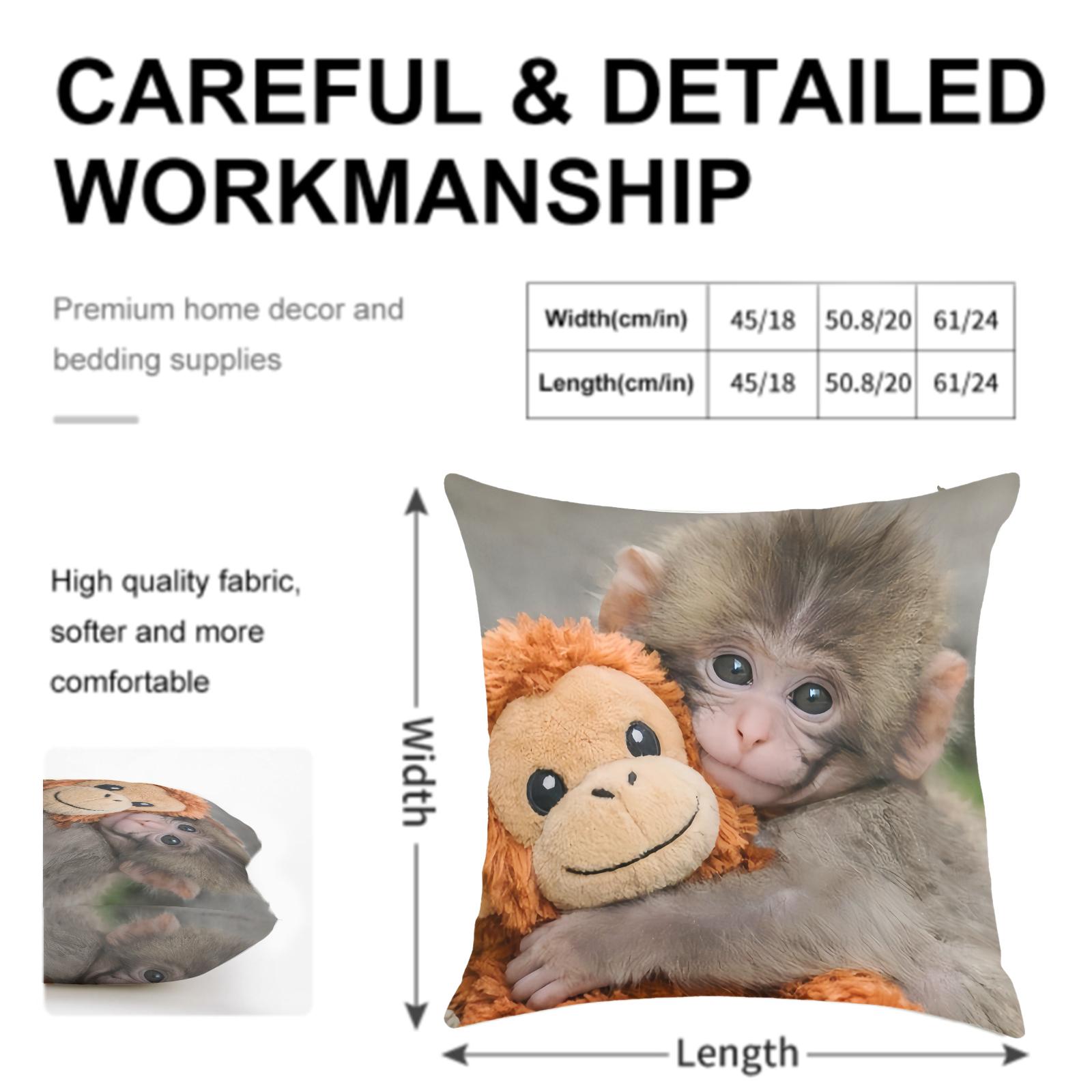 Punch Monkey pattern Throw Pillowcase,Emotional Support Animal Lover Gift,Baby Monkey Hugging Plush Monkey Cover Throw Pillow Single-sided printing Linen Material ,no pillow insert,Bedroom Sofa Decorations.