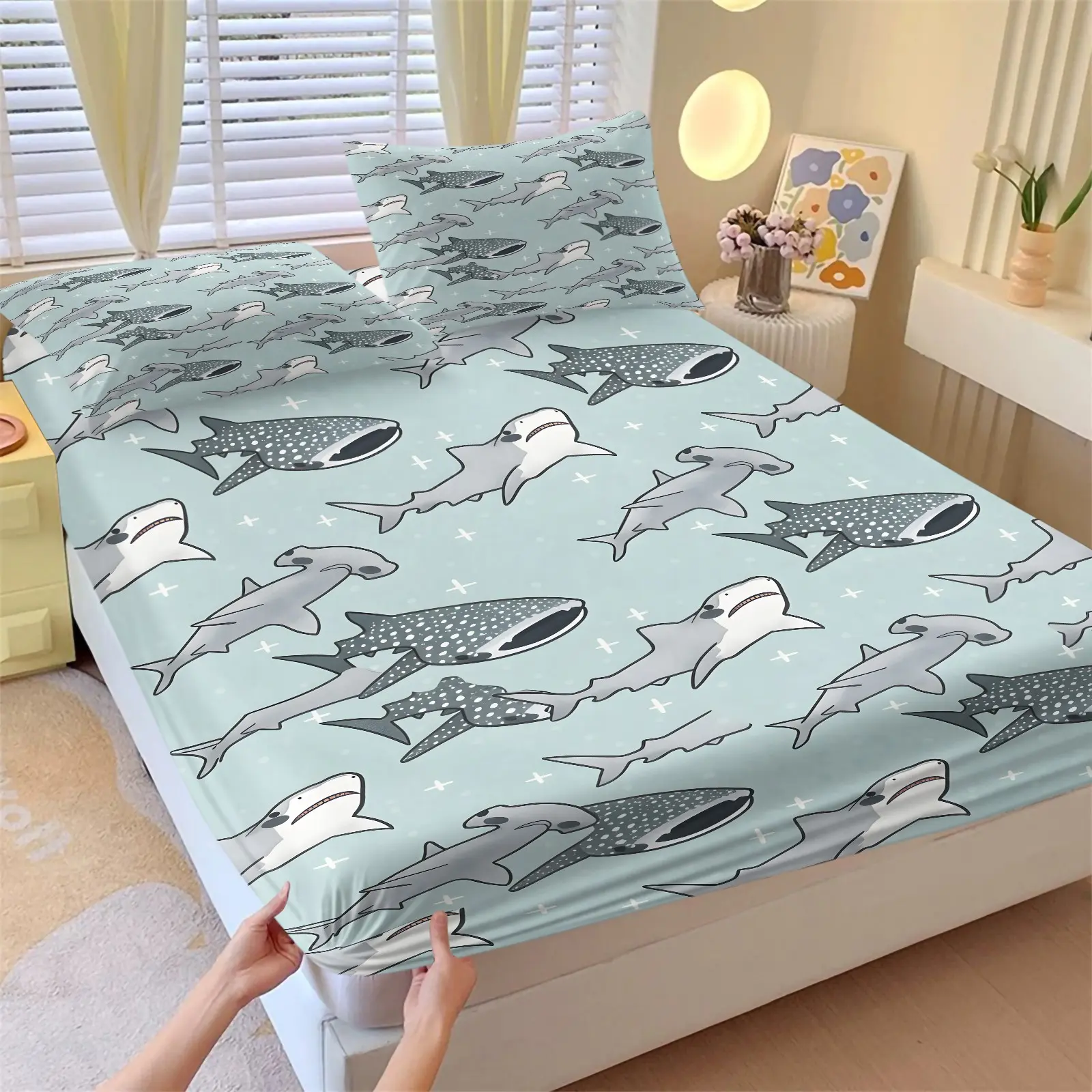 Light Blue Cartoon Whale Shark Full Print Fitted Sheet Set-High Elastic Soft Ultra-Fine Fiber Mattress Protector-Fresh Ocean ins Style Bedding-Ideal for Kids Room Ocean Lovers' Bedroom Student Dorm Decor