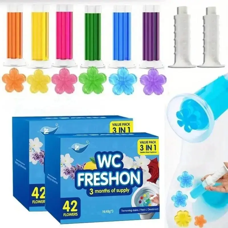 3-Pack Toilet Fresh Gel, 42 Flower-Shaped Gels with Dispenser, Long-Lasting Bathroom Deodorizer, 3-Month Freshness, Toilet Cleaner