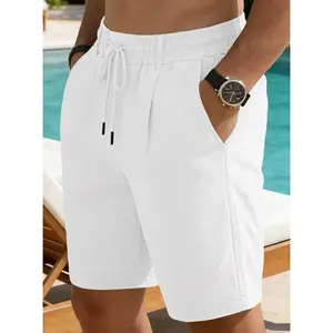 Menswear Men's Casual Linen-Look Pleated Shorts, Drawstring Elastic Waist, Lightweight for Summer Beach Vacation