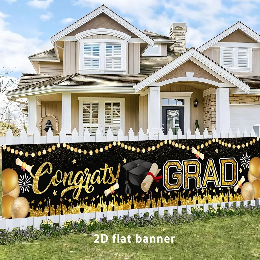 2D Flat Banner Polyester Photography Backdrop, Soft Lightweight Foldable Machine Washable, HD Digitally Printed Black Gold Glitter Congrats GRAD Design for Graduation Party Decoration, Photo Booth, Event Background, Indoor and Occ