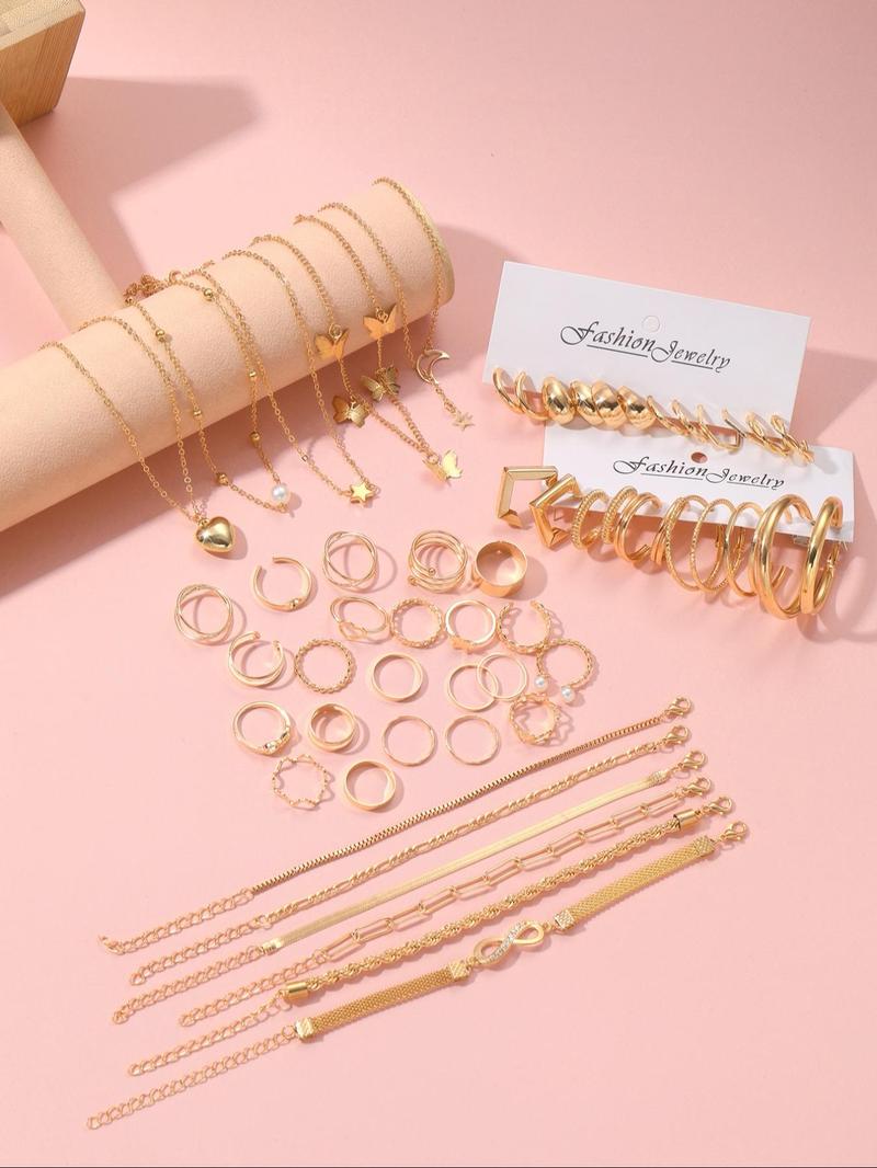 Elegant Simple Metal Style Vintage Jewelry for Summer, Women's Earrings Necklace & Rings & Bracelet & Earrings & Anklet Chain, Five-in-one Fashion Jewelry Accessories Suit for Gift Back To School, 90s Vintage Jewelry, Cute Jewelry