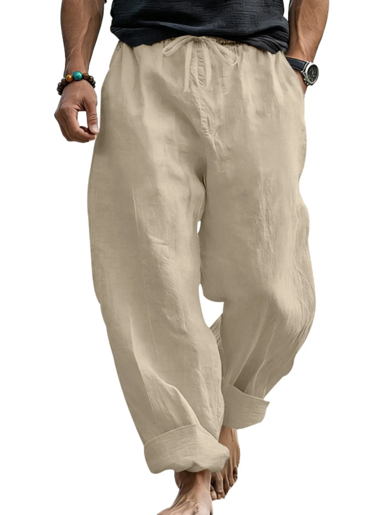 Men's Linen Wide Leg Casual Pants, Loose Fit Solid Color Tie Waist Long Pants, Four Seasons Men's Fashionable Comfortable Clothing, Oversized, Breathable Casual Pants