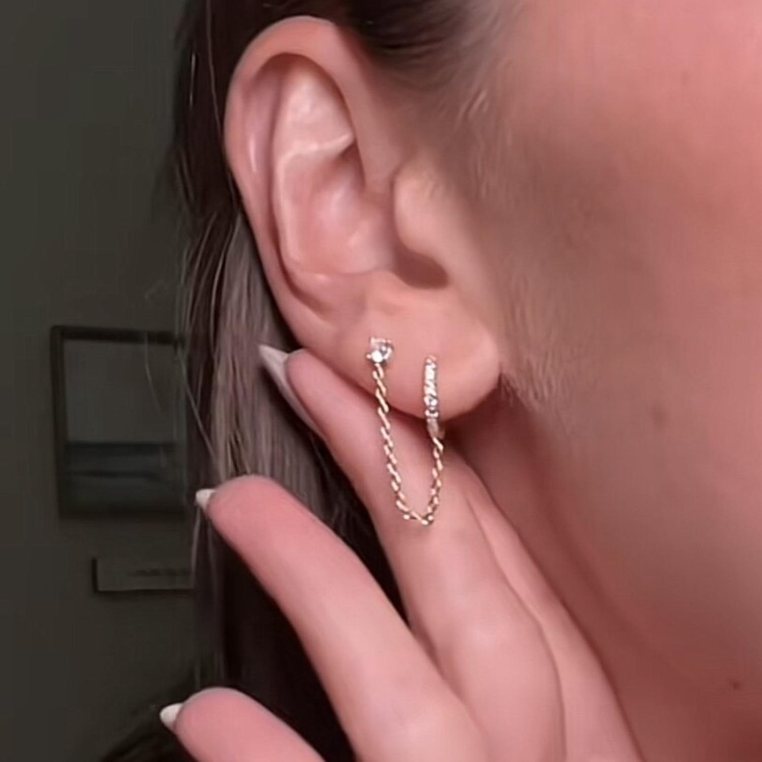 Jstyle 14K Gold Plated Chain Earrings for Women Hypoallergenic Double Piercing Dangle Chain Huggie Hoop Earrings