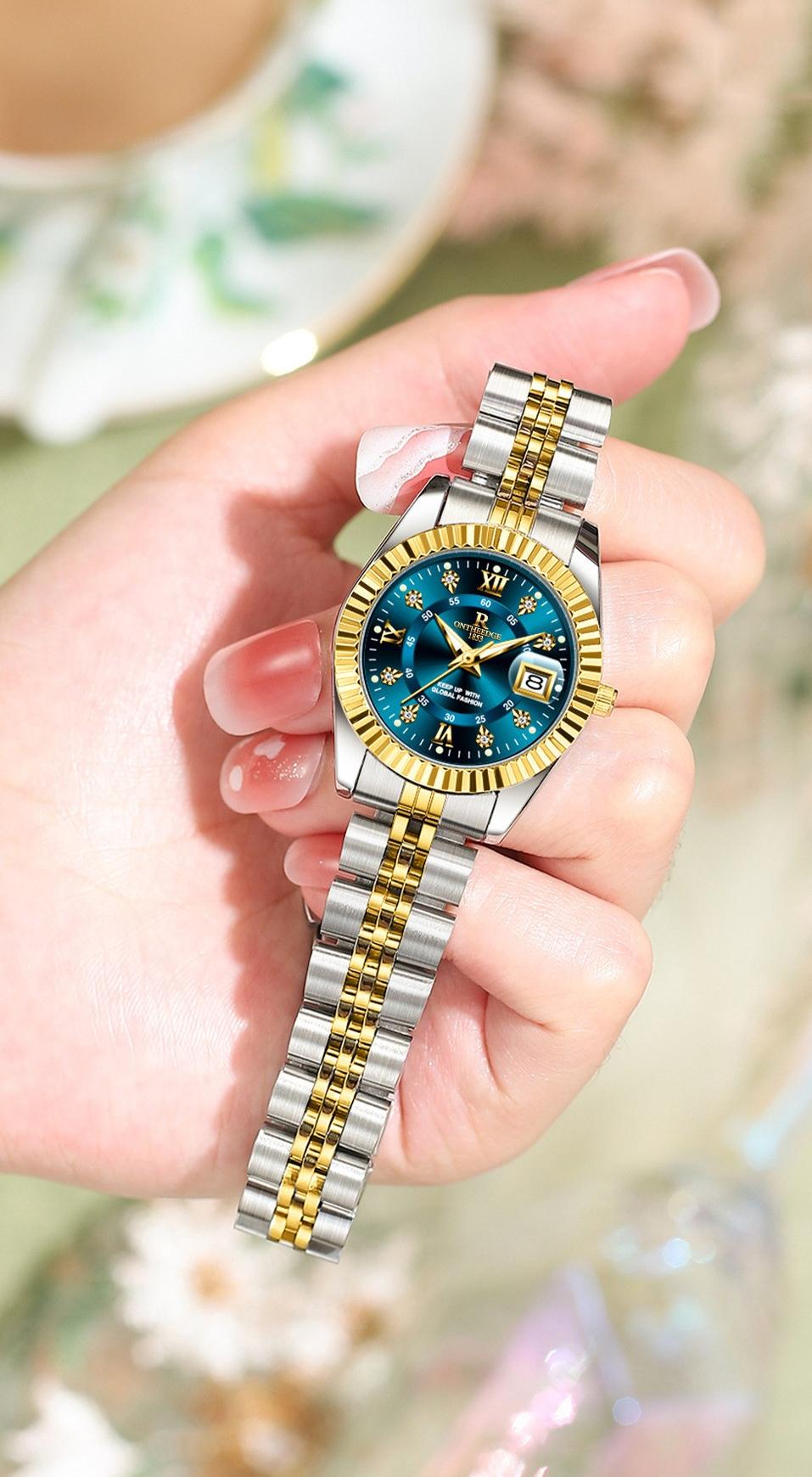 Elegant Women's Luxury Blue Dial Quartz Watch - Two-Tone Gold Silver Stainless Steel Wristwatch with Date, Sparkling Crystal Markers, Roman Numerals, Stylish Dress Watch for Ladies, Perfect Gift for Wife Girlfriend Mom
