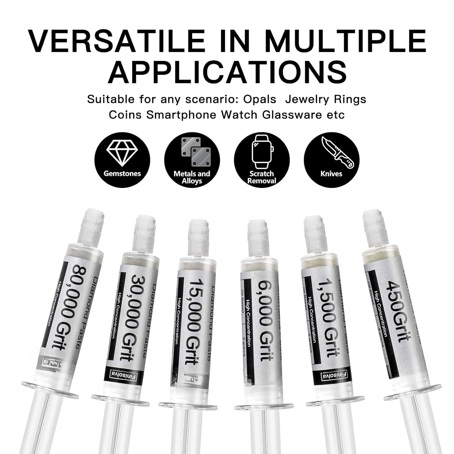 Polishing Compound Kit of 6 Polishing Lapping Paste 80,000 to 450 Grit for Glass Watch Marble Metal  Rock  Etc. with High Concentration of   Scratch Remover Repair