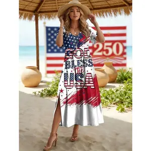 Women's Spring/Summer Mid-Length Short-Sleeve Crew Neck Straight Dress with USA 250th Anniversary Flag Day Pattern, Slim Fit, Suitable for Vacation, Leisure, Beach and Outdoor Wear