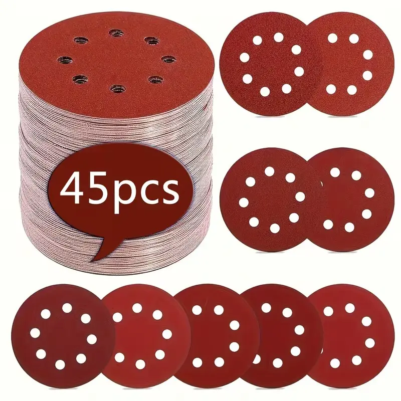 45-Piece 5-Inch 8-Hole Sanding Discs, P40/p80/p120/p180/p240/p320/p400/p600/p800 Grit Combination Hook Loop Abrasive Sandpaper, Random Orbit Sander