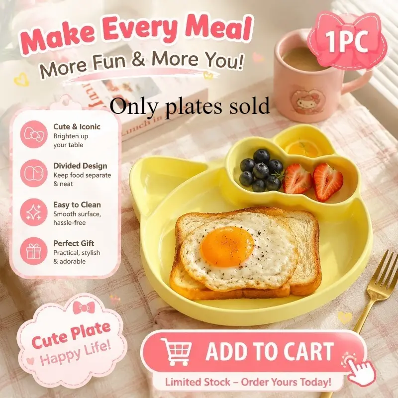 Kawaii Bow Cat Shaped Partition Dinner Plate, Cute Cartoon Ceramic Tray for Snacks, Desserts, Breakfast, Aesthetic Tableware for Girls