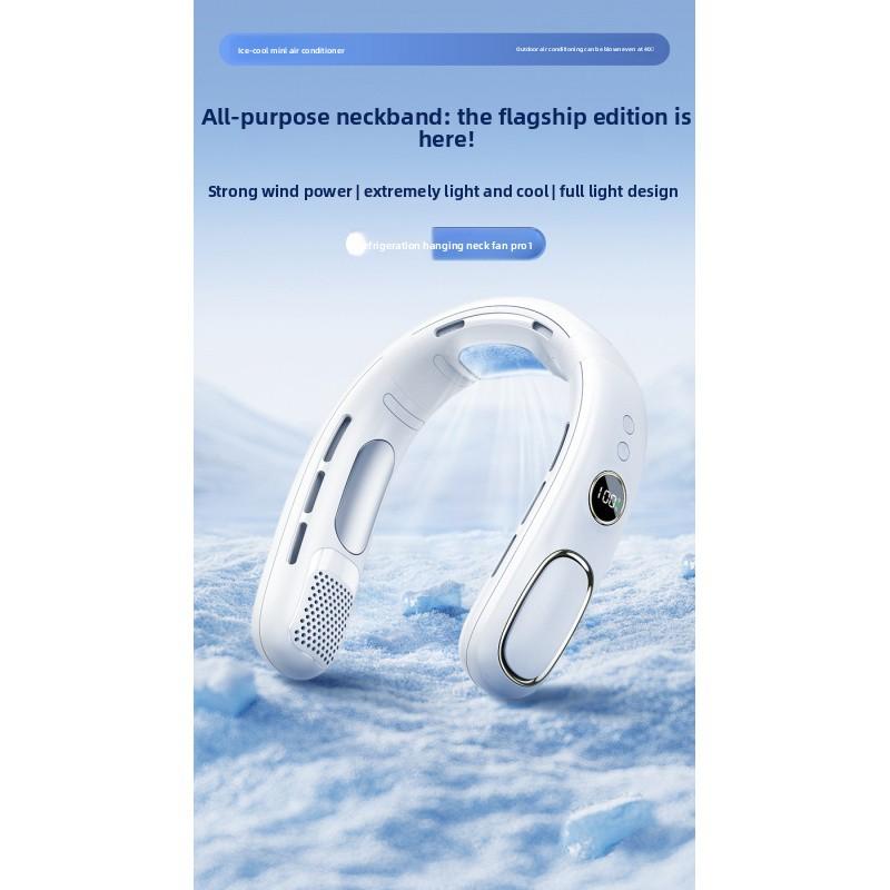 Portable hands-free neck fan with advanced semiconductor cooling technology. Features ice compress function and bladeless design for safe, comfortable cooling. USB rechargeable, lightweight and perfect for outdoor, travel, sports and daily use. Enjoy inst