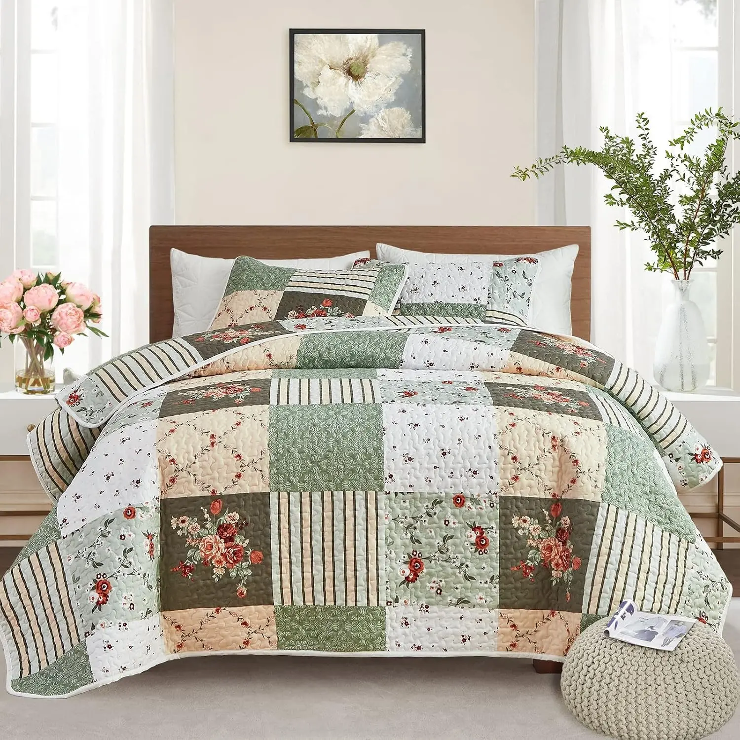 Patchwork Quilt Set King Size, 3 Pieces Green Floral Plaid Summer Bedspread Coverlet Set, Soft Microfiber Reversible Lightweight Bed Cover for All Season (102" x 90", 1 Quilt + 2 Pillow Shams)