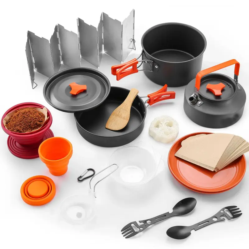 Camping Cookware Mess Kit - Aluminum, Food-Grade Silicone, Non-Stick, Lightweight, Nestable, Compact Pot Pan Kettle Set with Collapsible Pour Over Coffee Dripper, Easy-to-Carry Outdoor Camp Kitchen Essentials for Camping, Hiking