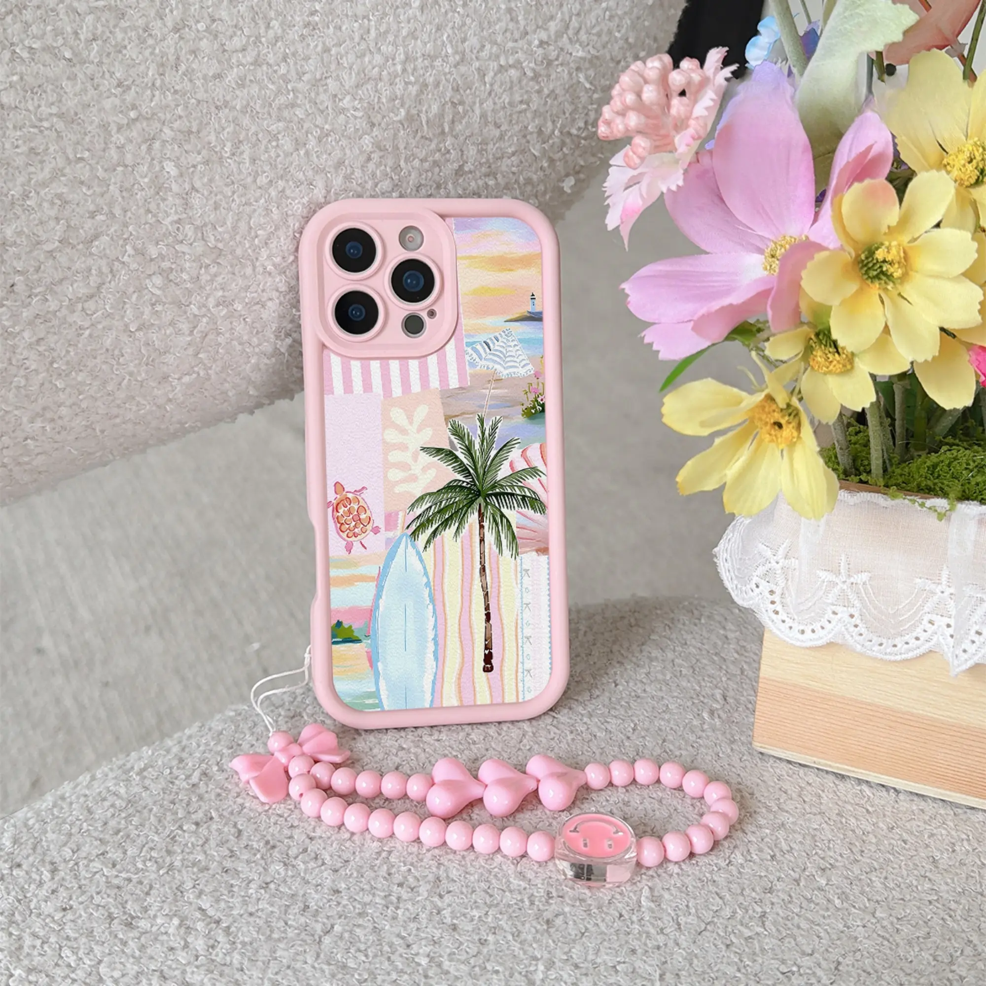 Pink Palm Tree Boardwalk Phone Case, Coastal Stripe Travel Collage Beaded Cover for iPhone 17 16 15 14 13 12 11 X Plus Pro Max, Beach Vacation Gift