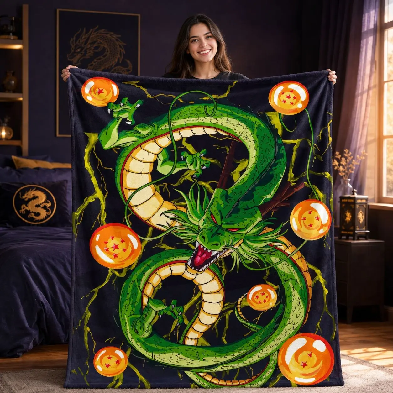 1pc Green Dragon Energy Orb Flannel Blanket, Coiling Dragon Orange Star Ball Lightning Fantasy Anime Print, Soft Warm Throw for Sofa Bed Office Camping Travel Birthday Christmas Gift