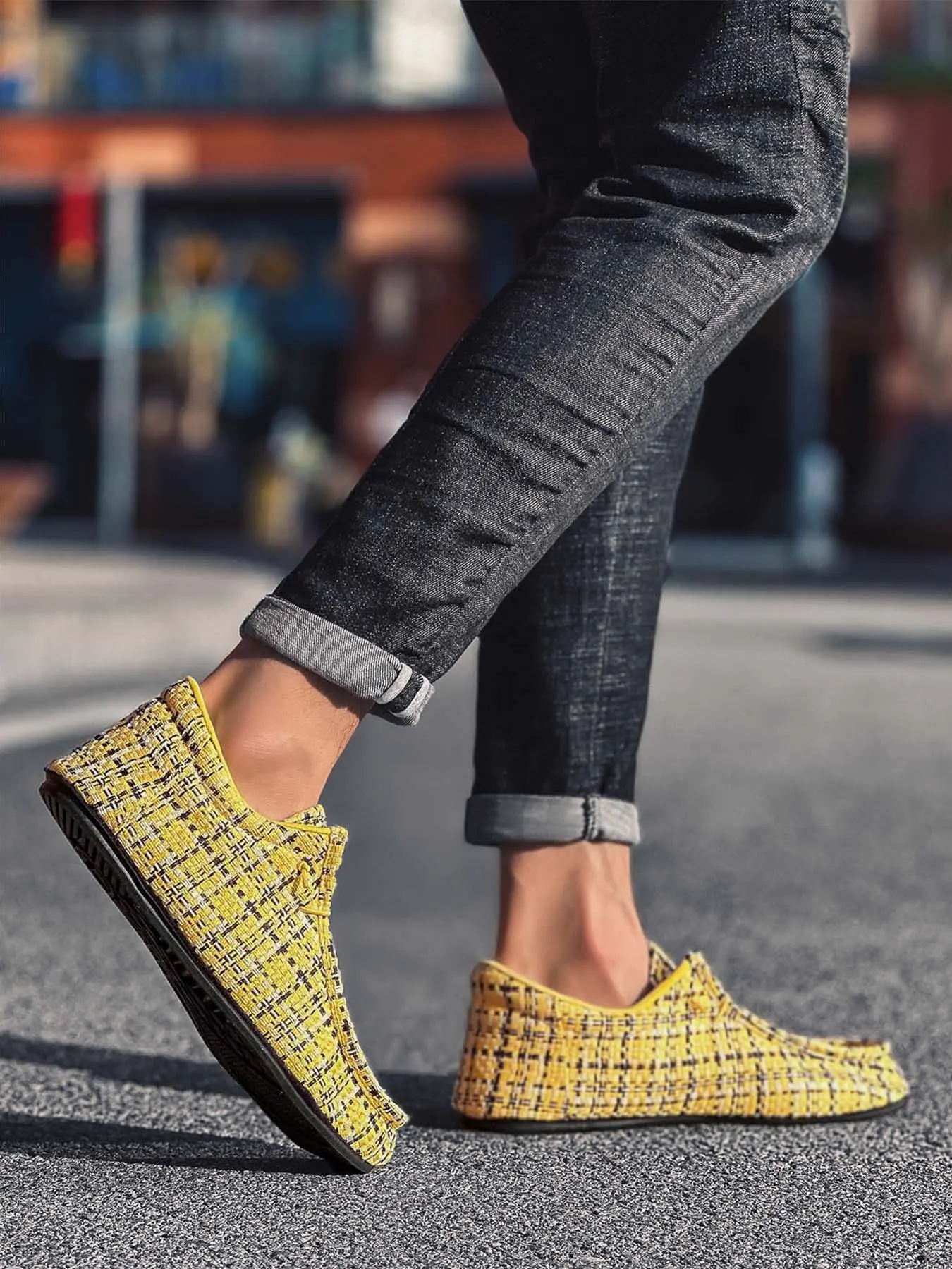 Men's Tweed Slip-On Loafers, Elastic Drawstring Soft Sole Casual Moccasin Shoes for Daily Outfit