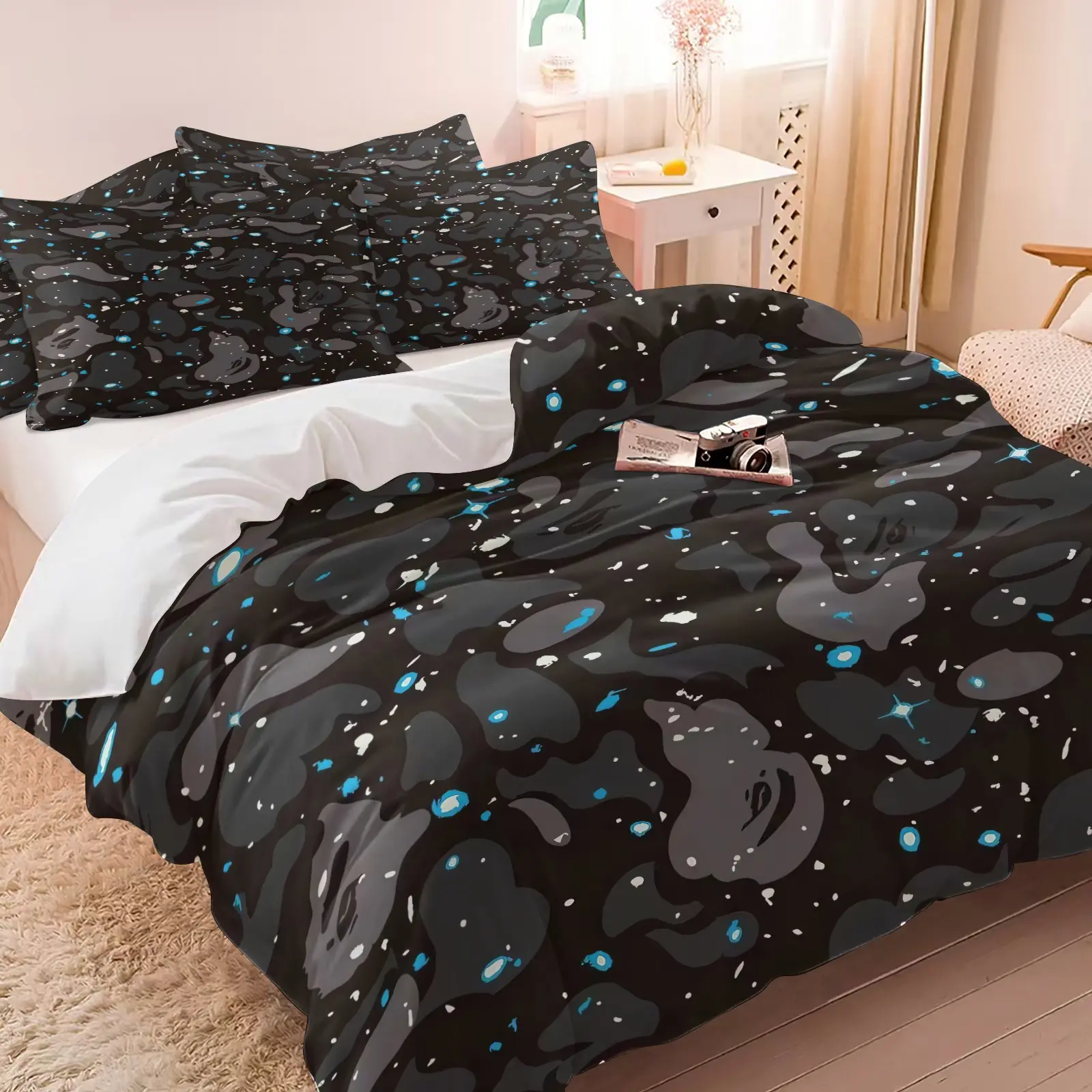 Starry Black Blue Camo Cartoon Ape Print Duvet Cover Set-1 Duvet + 1-2 Pillowcases-Street Elements & Dreamy Starry Sky Pattern-Soft Comfortable Bedding-Printed Bedding Set--Gaming Room Trendy Dorm Dark Boys' Bedroom Decor