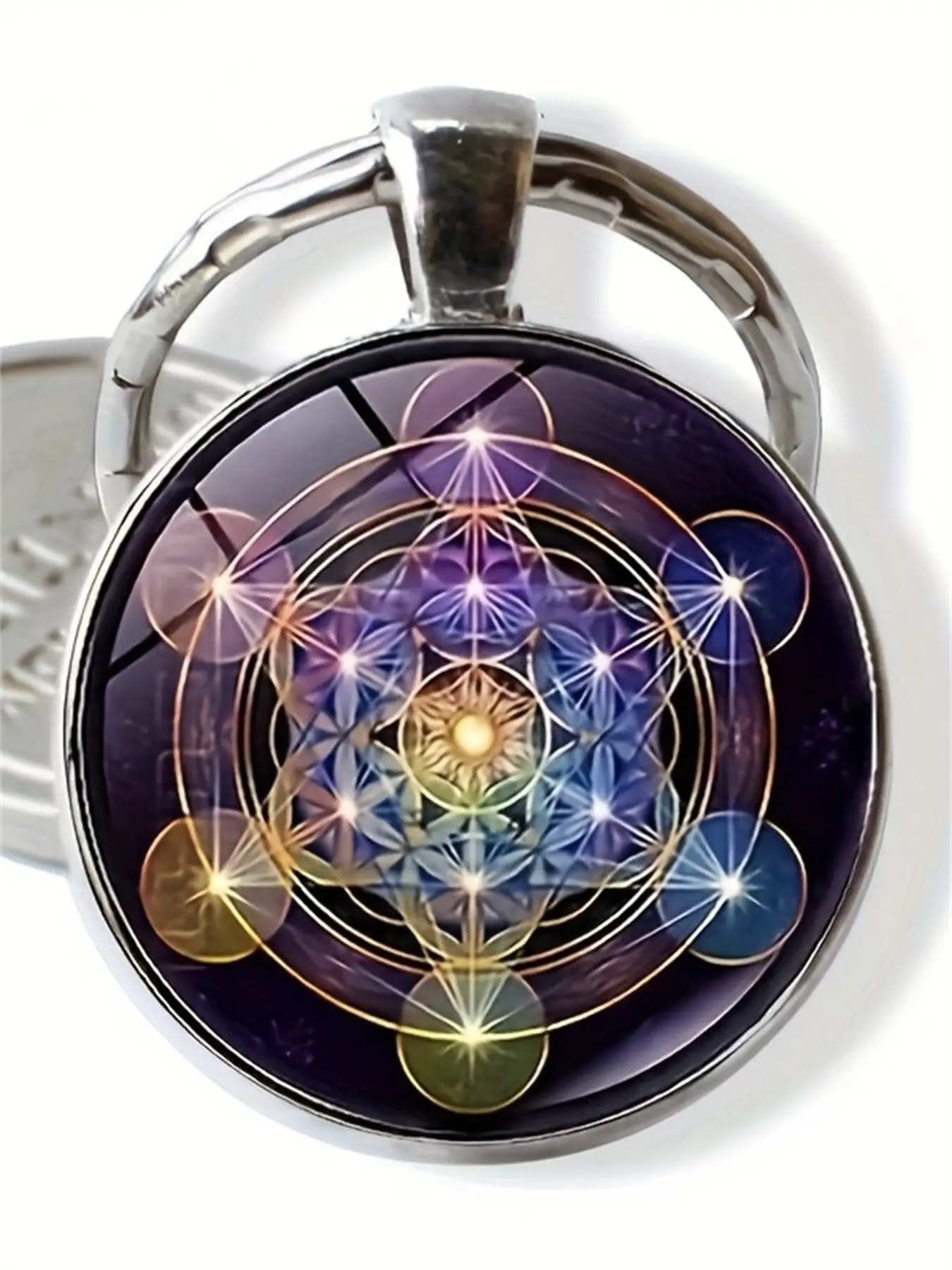 1 PC Fashion DIY Zinc Alloy Keychain, Metatron's Cube Element Magic Cube Sacred Geometric Symbol Pattern Glass Keyring, Unisex Gift for Birthdays, Weddings, Holidays